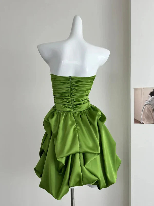 Chic Green A Line Strapless Satin Short Prom Dress,Homecoming Dress,Birthday Dress GG3532