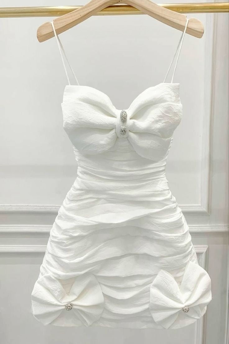 White Elegant A Line Spaghetti Straps Satin Short Prom Dress,Homecoming Dress,Birthday Dress GG3536