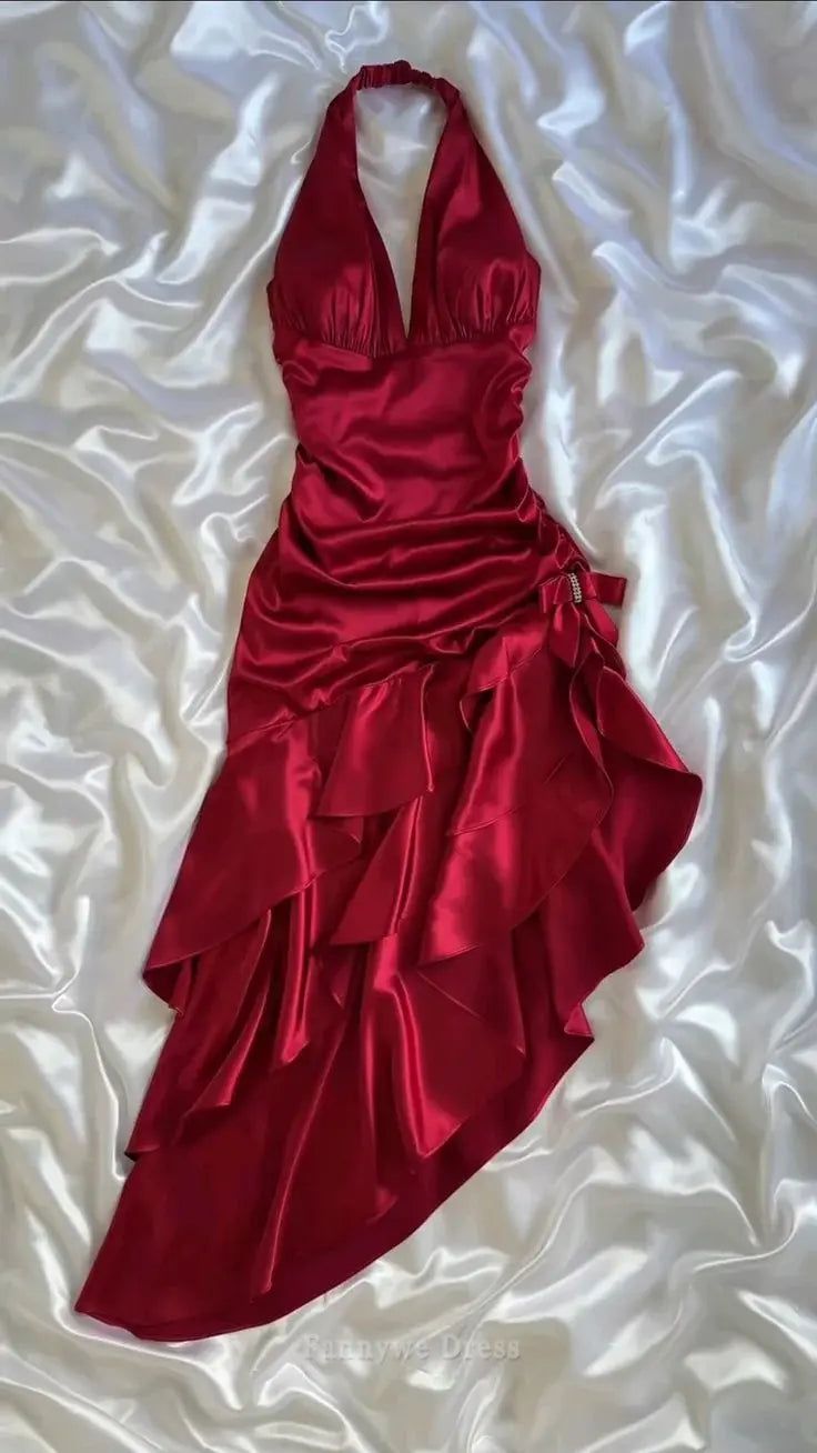Elegant Burgundy A Line Halter Satin Short Prom Dress,Homecoming Dress,Birthday Dress GG3539