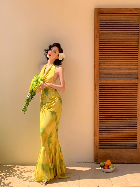 Stunning Mermaid Halter Chiffon Printed Long Prom Dress,Party Dress,Evening Dress GG3548