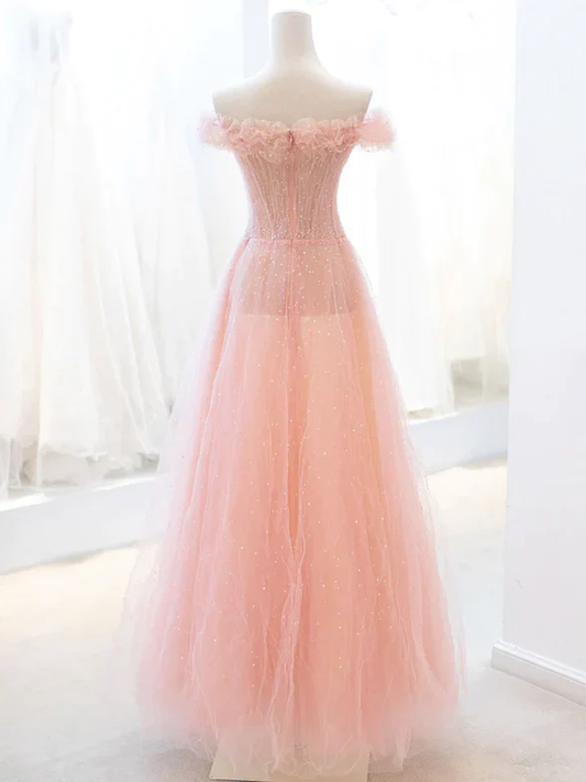 Elegant A Line Peach Off The Shoulder Sweetheart Tulle Sequin Long Prom Dress,Evening Dress GG354