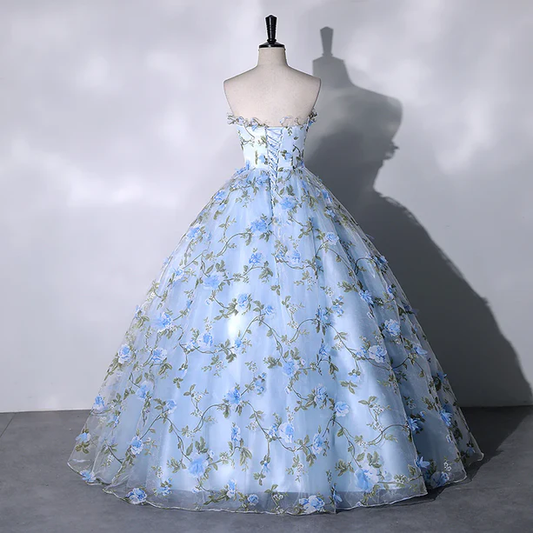 Elegant A Line Strapless Blue Floral Sweetheart Tulle Ball Gown Long Prom Dress,Evening Dress GG355