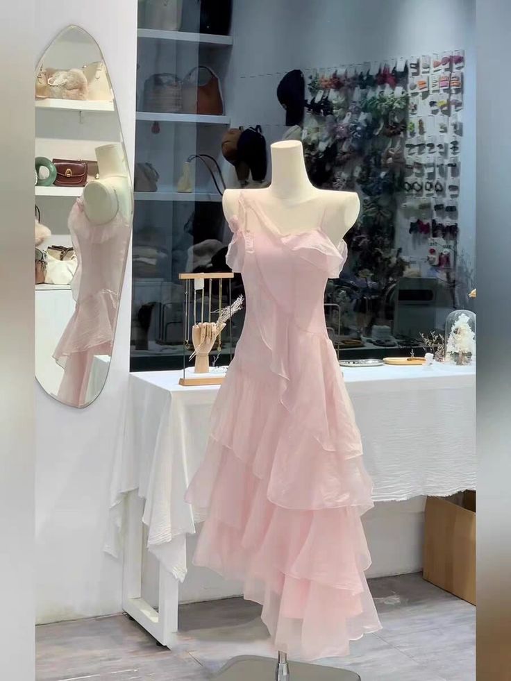 Pretty A Line Sapghetti Straps Pink Chiffon Tiered Long Prom Dress,Party Dress,Evening Dress GG3609