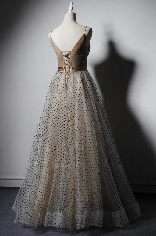 Elegant A Line V Neck Spaghetti Straps Tulle Long Prom Dress,Evening Dress GG366