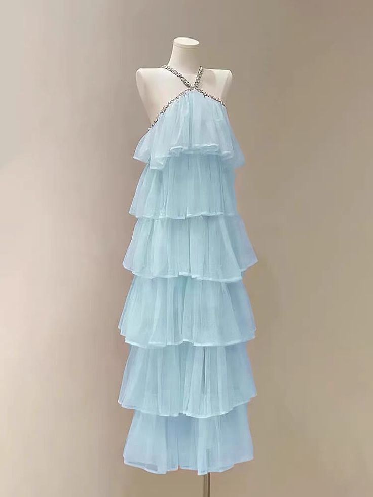 Pale Blue A Line Halter Chiffon Tiered Long Prom Dress,Party Dress,Evening Dress GG3673