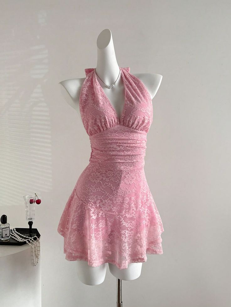 Sweet 16th Pink A Line Halter Satin Lace Short Homecoming Dress,Summer Dress GG3675
