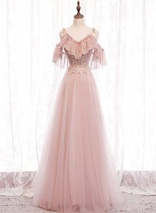 Elegant A Line Off The Shoulder Soft Pink Tulle Long Prom Dress,Evening Dress GG367