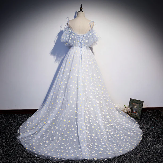 Elegant A Line Off The Shoulder Light Blue Tulle Applique Long Prom Dress,Evening Dress GG368