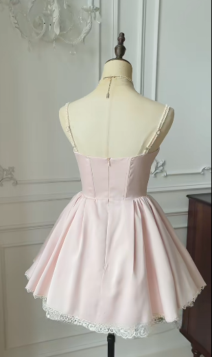 Sweet 17th Pink A Line Spaghetti Straps Satin Lace Short Homecoming Dress,Summer Birthday Dress GG3739