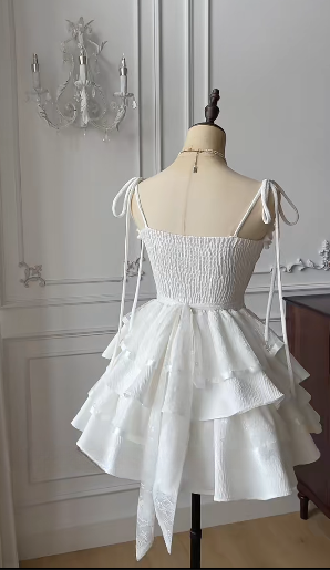 White 16th A Line Sapghetti Straps Satin Tiered Short Homecoming Dress,Summer Birthday Dress GG3744