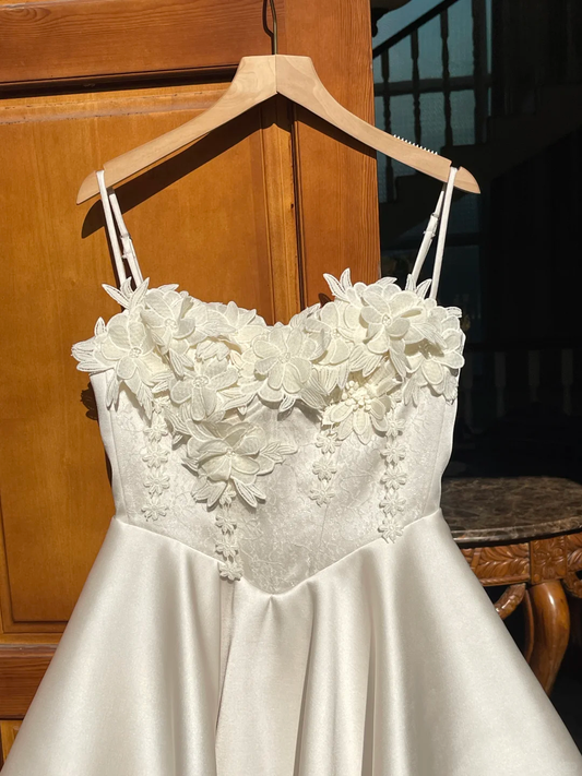 Elegant A Line Sapghetti Straps Satin Applique Short Homecoming Dress,Summer Birthday Dress GG3748