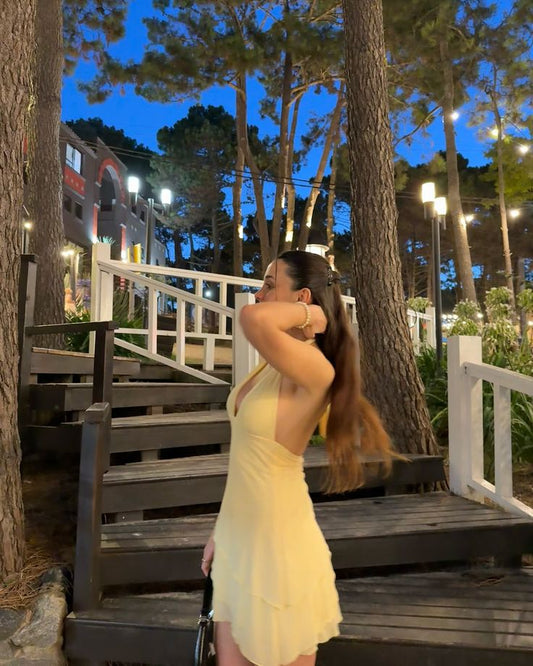 Pastel Yellow A Line Halter V Neck Chiffon Short Homecoming Dress,Summer 20th Birthday Dress GG3830