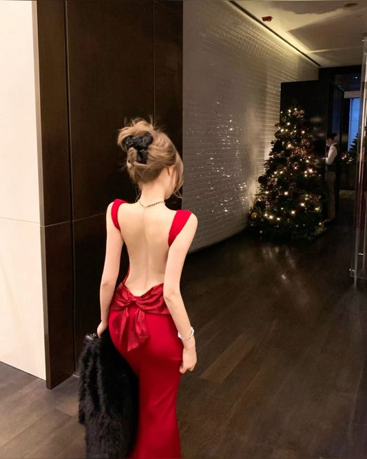 Red Mermaid Square Satin Backless With Bow Long Prom Dress,Party Dress,Evening Dress GG3848