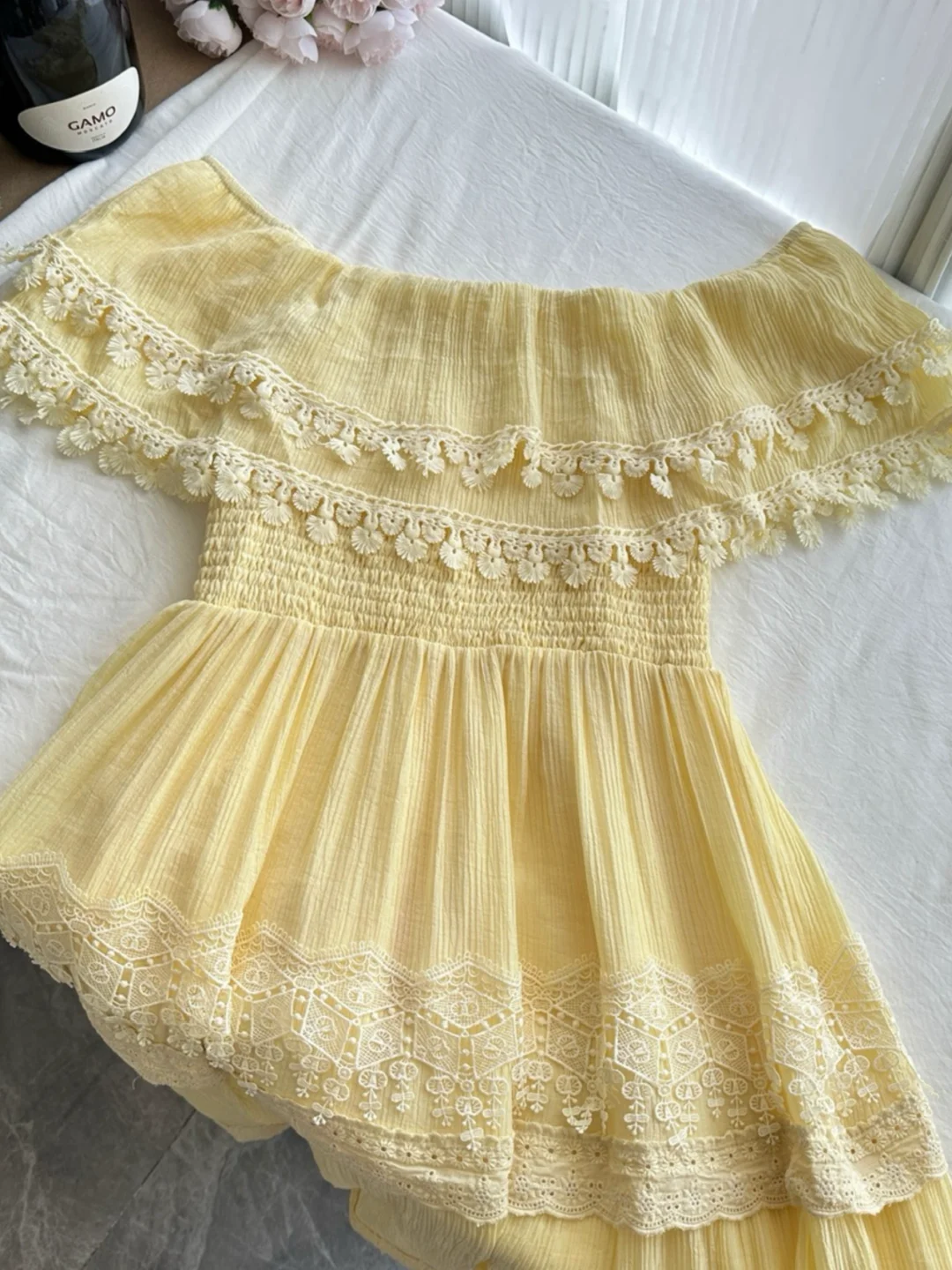 Chic A Line Strapless Pastel Yellow Satin Lace Long Prom Dress,Party Dress,Evening Dress GG3858
