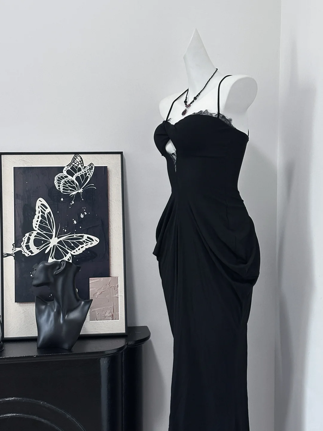 Sexy Mermaid Spaghetti Straps Black Satin Lace Long Prom Dress,Party Dress,Evening Dress GG3866