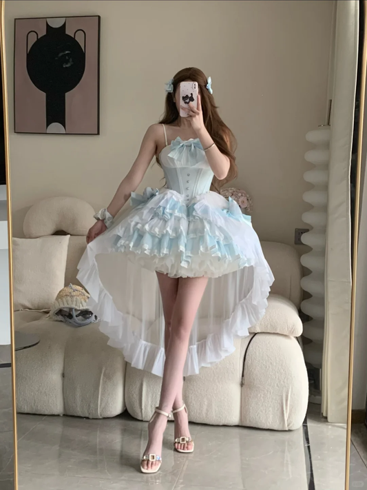 Classy Ball Gown Spaghetti Straps Satin Tulle With Bow Short Homecoming Dress,Summer 18th Birthday Dress GG3904