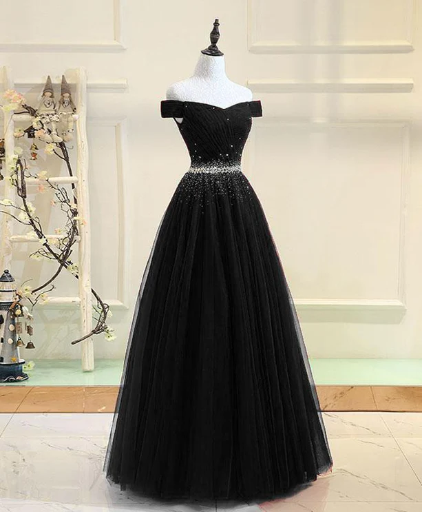 Gorgeous A Line Off The Shoulder Black Tulle Beaded Long Prom Dress,Evening Dress GG390