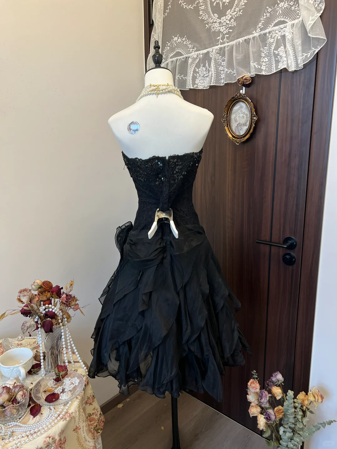 Classy A Line Strapless Black Satin Lace Sequin Short Homecoming Dress,Summer 18th Birthday Dress GG3942