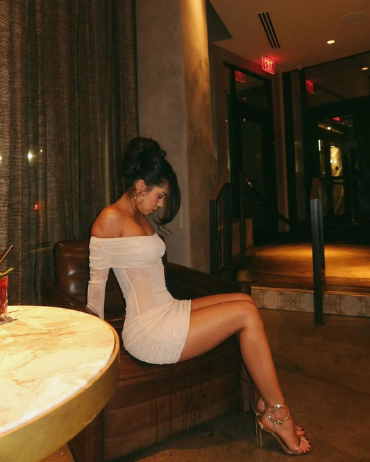 Sparkly Mermaid Off The Shoulder Sequin Long Sleeves Short Homecoming Dress,Summer 19th Birthday Dress GG3949