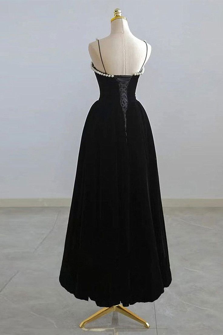 Elegant A Line Spaghetti Straps Beaded Black Velvet Tea Length Prom Dresses,Evening Dresses GG397