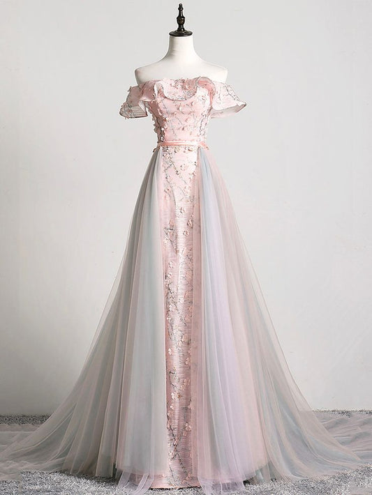 Elegant A Line Off The Shoulder Pink Applique Tulle Long Prom Dresses,Evening Dresses GG398