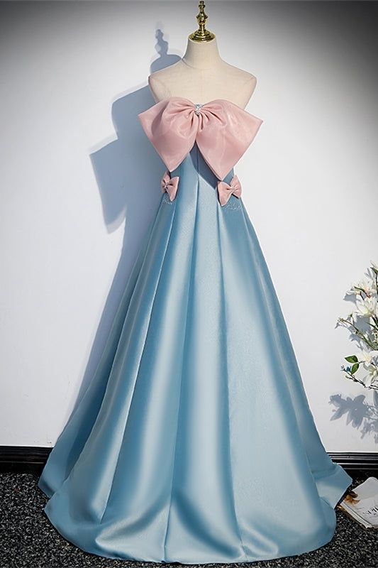 Elegant A Line Strapless Blue Satin With Pink Bow Long Prom Dresses,Evening Dresses GG399