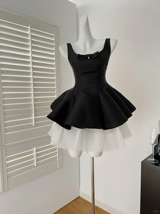 Black A Line Square Satin Tulle Short Homecoming Dress,Summer 18th Birthday Dress GG4035