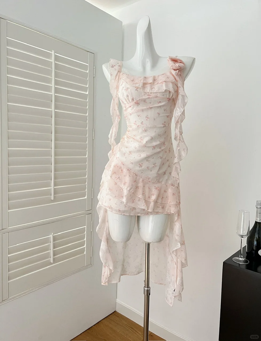 Sweet A Line Spaghetti Straps Chiffon Printed Ruffles Short Homecoming Dress,Summer 17th Birthday Dress GG4039