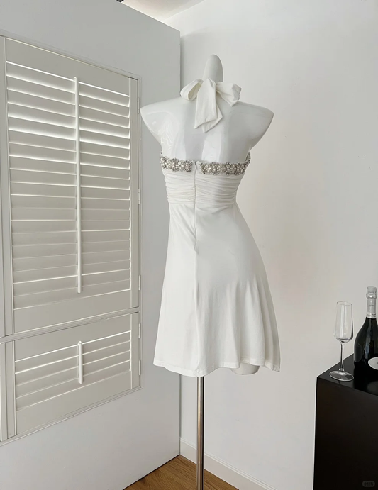 Elegant A Line Strapless White Satin Beads Short Homecoming Dress,Summer 18th Birthday Dress GG4063