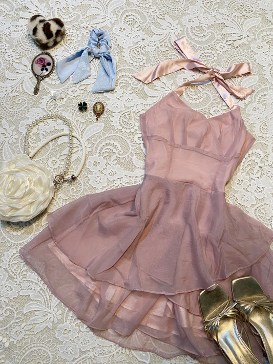 Elegant A Line Halter Dusty Pink Satin Chiffon Short Homecoming Dress,Summer 19th Birthday Dress GG4071