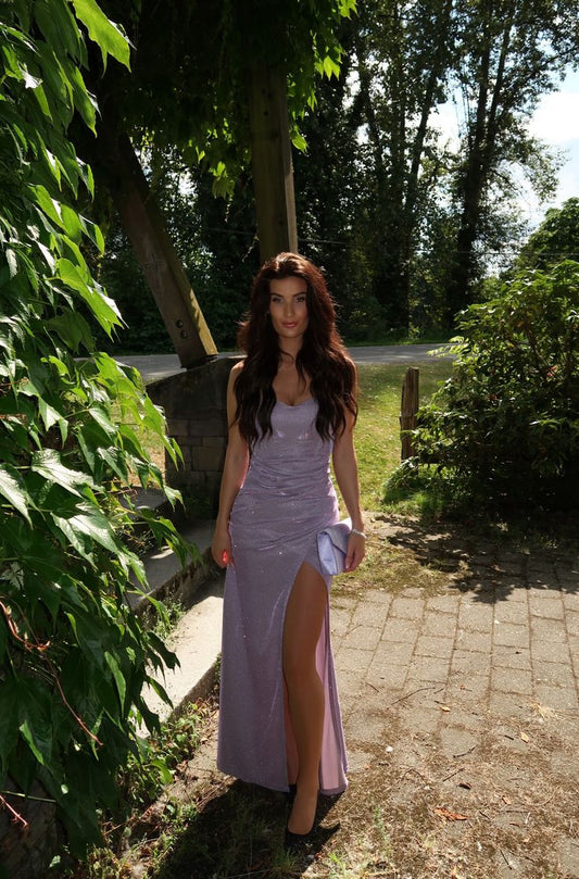 Sparkly Mermaid Spaghetti Straps Lilac Satin Sequin Slit Long Prom Dress,Party Dress,Formal Evening Dress GG4093