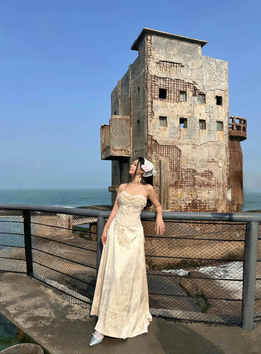 Gorgeous A Line Strapless Satin Lace Applique Long Prom Dress,Party Dress,Formal Evening Dress GG4096