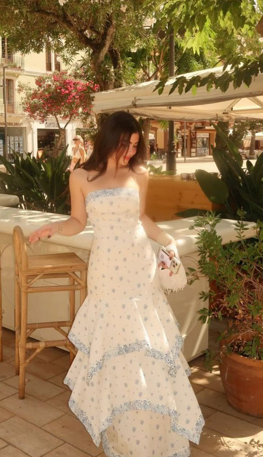 Pretty Mermaid Strapless Satin Floral Printed Tiered Long Prom Dress,Party Dress,Formal Evening Dress GG4100