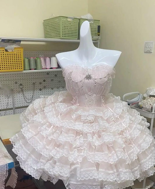 Sweet 17th Ball Gown Strapless Light Pink Satin Lace Short Homecoming Dress,Summer Birthday Dress GG4122