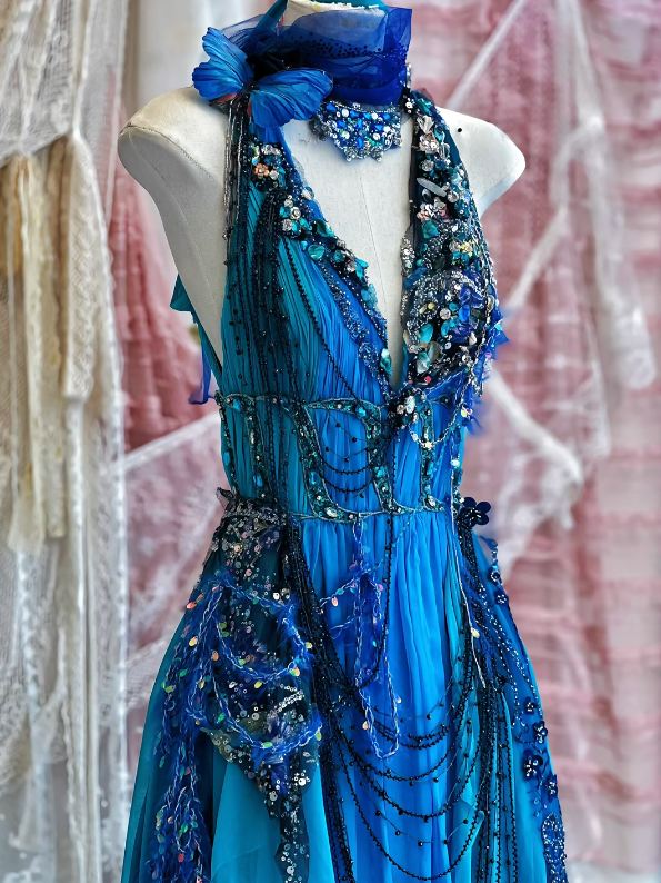 Vintage A Line Halter Royal Blue Chiffon Beads Long Prom Dress,Party Dress,Formal Evening Dress GG4127