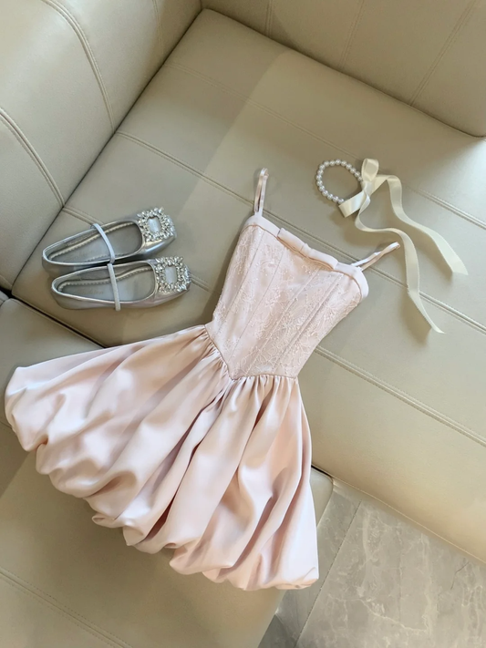 Pink A Line Spaghetti Straps Satin Lace Short Homecoming Dress,Summer 19th Birthday Dress GG4166