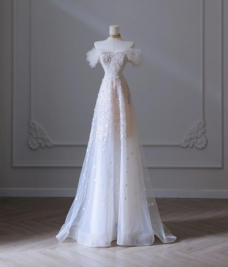 Elegant A Line Off The Shoulder Light Pink Tulle Applique Long Prom Dress, Evening Dress GG417