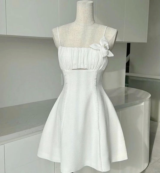White A Line Spaghetti Straps Satin Short Homecoming Dress,Summer 20th Birthday Dress GG4201