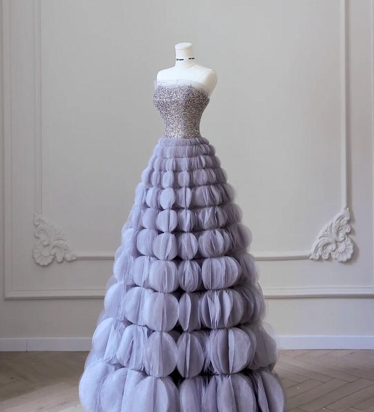 Chic A Line Strapless Lilac Beading Tulle Long Prom Dress, Evening Dress GG421