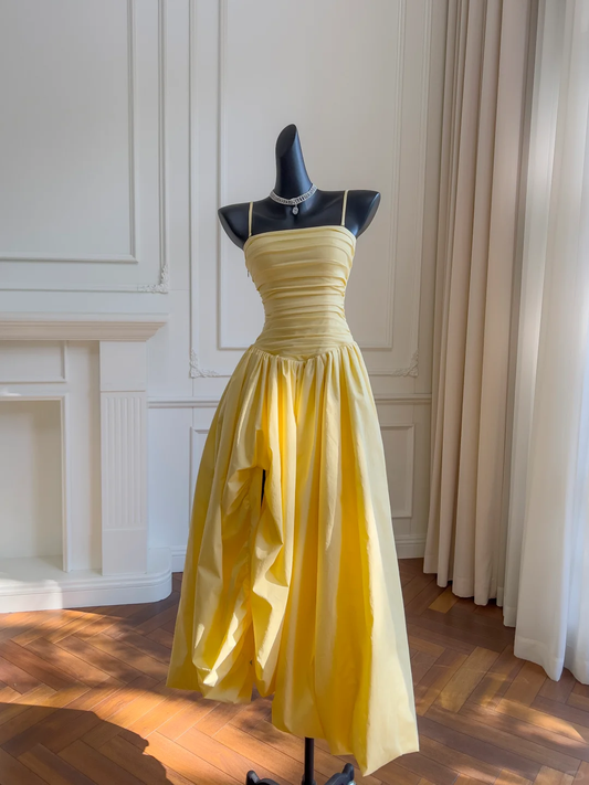 Classy Yellow A Line Spaghetti Straps Satin Pleated Long Prom Dress,Party Dress,Formal Evening Dress GG4219
