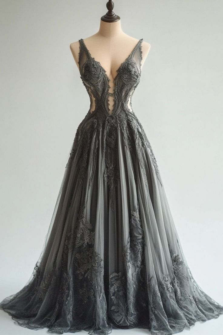 Gorgeous A Line V Neck Gray Applique Tulle Long Prom Dress, Evening Dress GG427