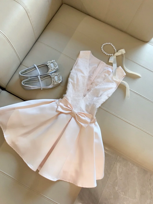Elegant A Line V Neck Satin Lace Bow Short Homecoming Dress,Summer 18th Birthday Dress GG4280