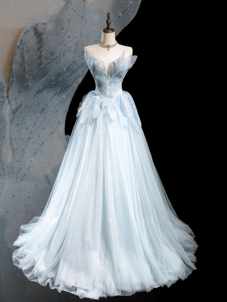 Gorgeous A Line Strapless Light Blue Beading Tulle Long Prom Dress, Evening Dress GG433