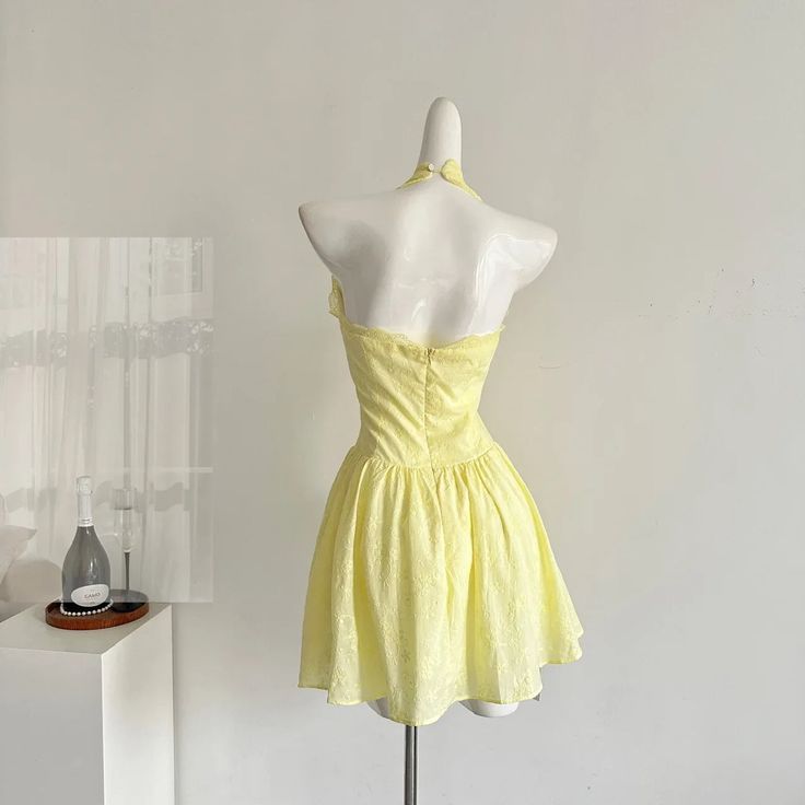 Yellow A Line Halter Satin Lace Short Homecoming Dress,Summer 17th Birthday Dress GG4359