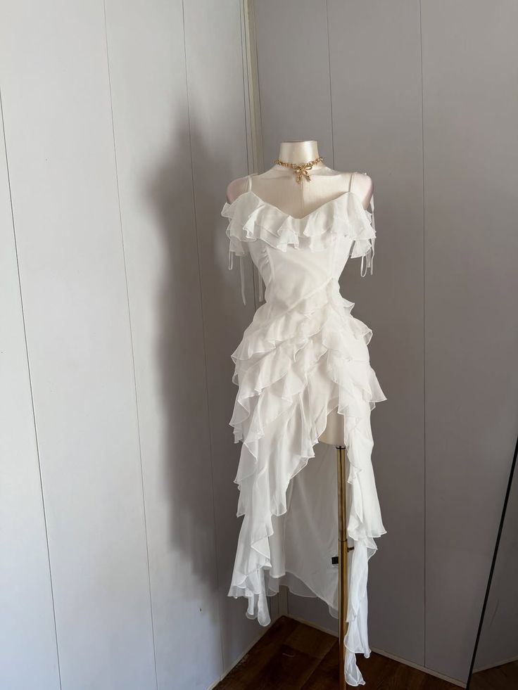 Fairy A Line Spaghetti Straps White Chiffon Ruffles High- Low Homecoming Dress,Summer 18th Birthday Dress GG4395