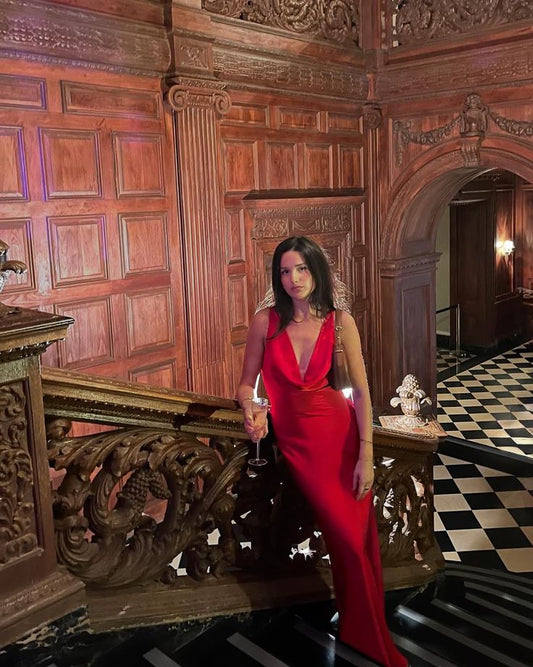 Red Mermaid V Neck Satin Backless Long Prom Dress,Party Dress,Formal Evening Dress GG4408