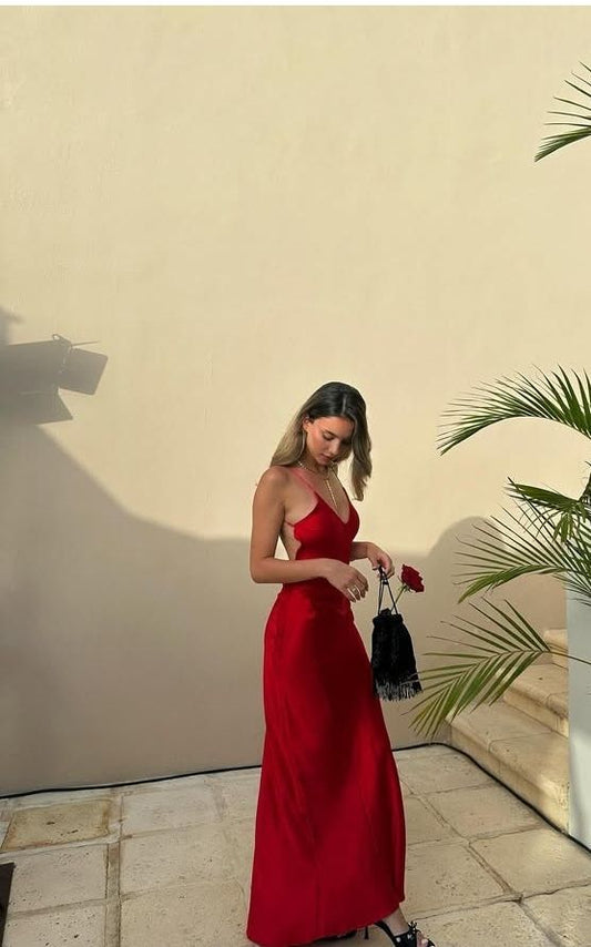 Sexy Red A Line Spaghetti Straps Satin Long Prom Dress,Party Dress,Formal Evening Dress GG4464