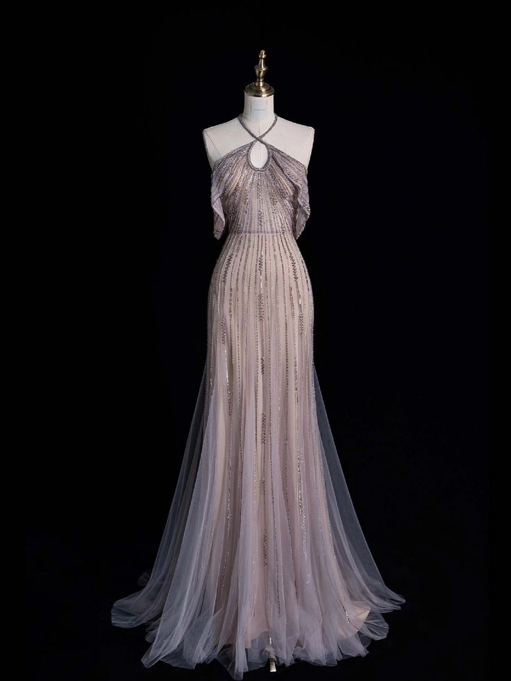 Gorgeous A Line Halter Beaded Tulle Long Prom Dress, Evening Dress GG447