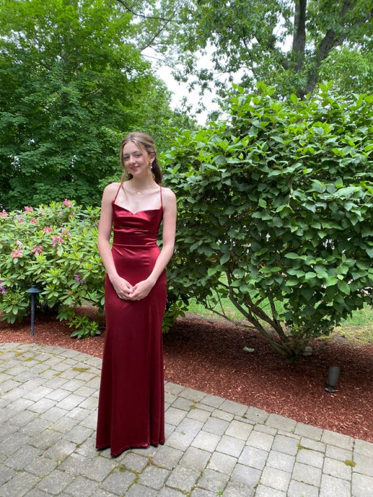 Burgundy Mermaid Spaghetti Straps Satin Long Prom Dress,Party Dress,Formal Evening Dress GG4471