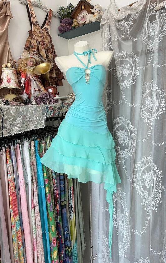 Cute Sheath A Line Halter Satin Chiffon Tiered Short Homecoming Dress,Summer 18th Birthday Dress GG4483